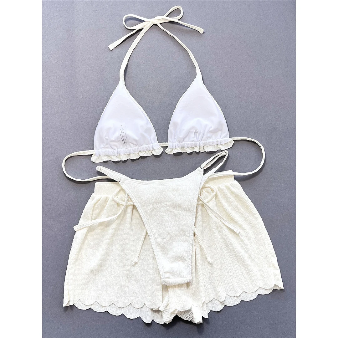 Gerüschter, gefütterter Neckholder-Bikini, Damen-Badebekleidung, dreiteiliger Bikini-Set mit Shorts, Badeanzug, Badebekleidung, Schwimmanzug V5673B – Detail 25
