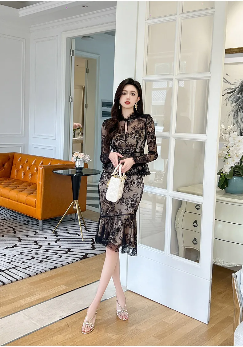 

Autumn dress celebrity design hollow slim ruffled top bodysuit black sexy slim lace shirt