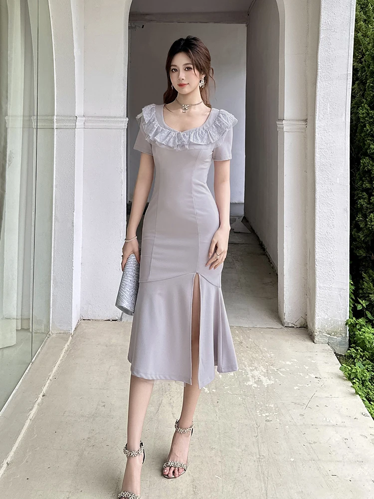 Französisches elegantes Fischschwanz-Bodycon-Kleid, Sommer, Rüschen, Rundhalsausschnitt, kurze Ärmel, hohe Taille, schlankes Schlitz-Temperament, langes Kleid für Damen