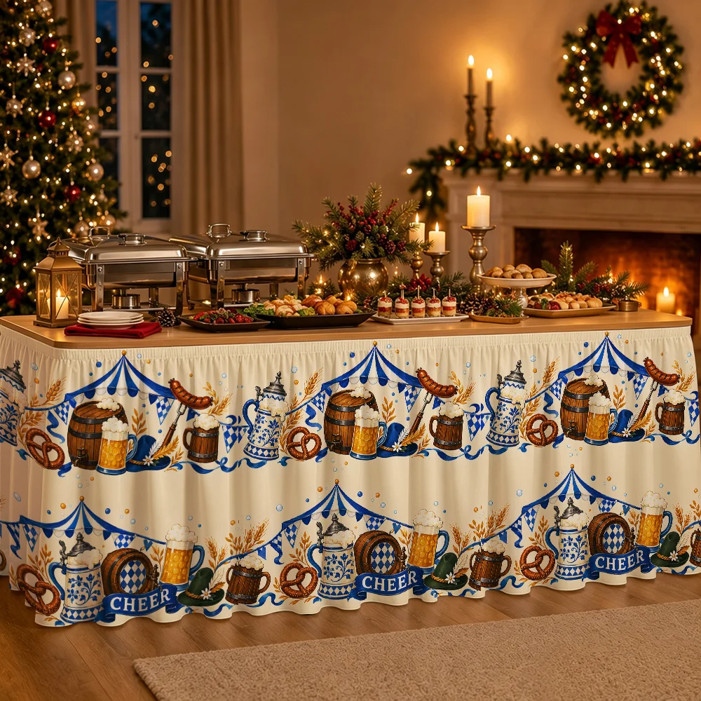 Traditional Bavarian table skirts for Oktoberfest and beer parties - blue and white chess table towels with Sarja,