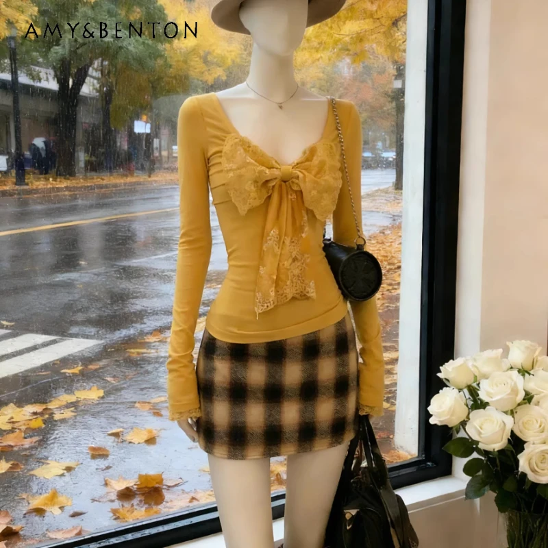 

2026 Spring New Yellow Sexy Big U-Neck Lace Cute Bow Long Sleeve Women's T-Shirt French Design Slimming Versatile Top Ladies
