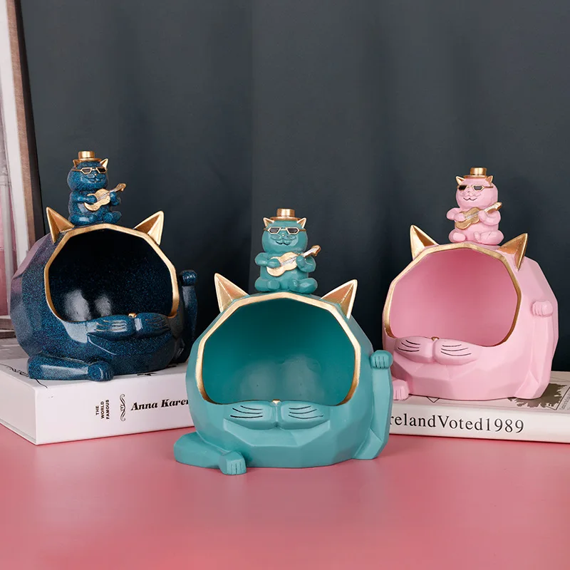 Nordic Modern Resin Crafts Ornaments Simple Rich Cat Storage Home Desk Ornaments Fortune Cat Tray Figurines Candy Container Gift