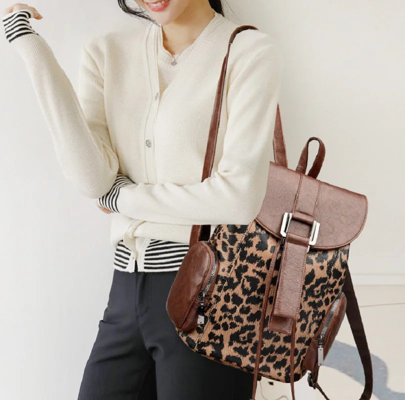 New Luxury Korean Fashion Leopard High Quality Leather Travel Backpacks Women's Large Capacity Shoulder Bags Laptop School Bag