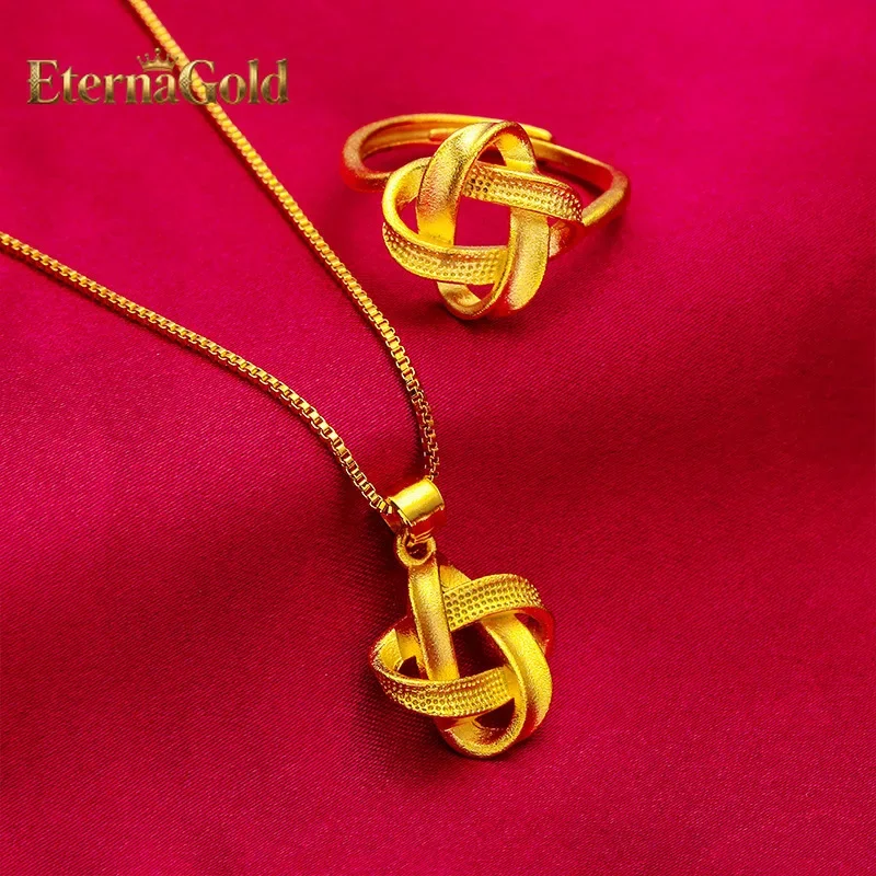 

EternaGold 24K Golden Twist Ring Necklace Set AU999 Full Gold, Three-dimensional Twist Weaving, Daily Stacking