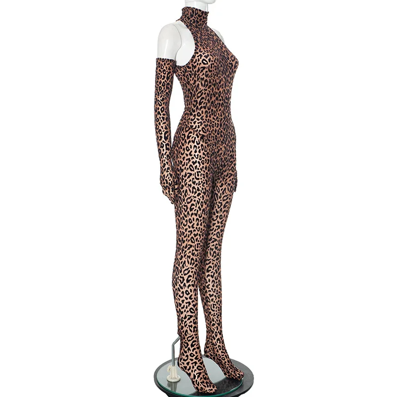 Macacão com estampa de leopardo sexy gola alta macacões finos com luvas de manga comprida feminino macacão de clube da meia-noite