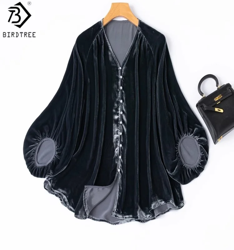 

Birdtree 100% Mulberry Silk Grey Blue Velvet Blouse,Women V-neck Lantern Sleeve Shirt,2025 Autumn Single Breasted Tops T59638JF