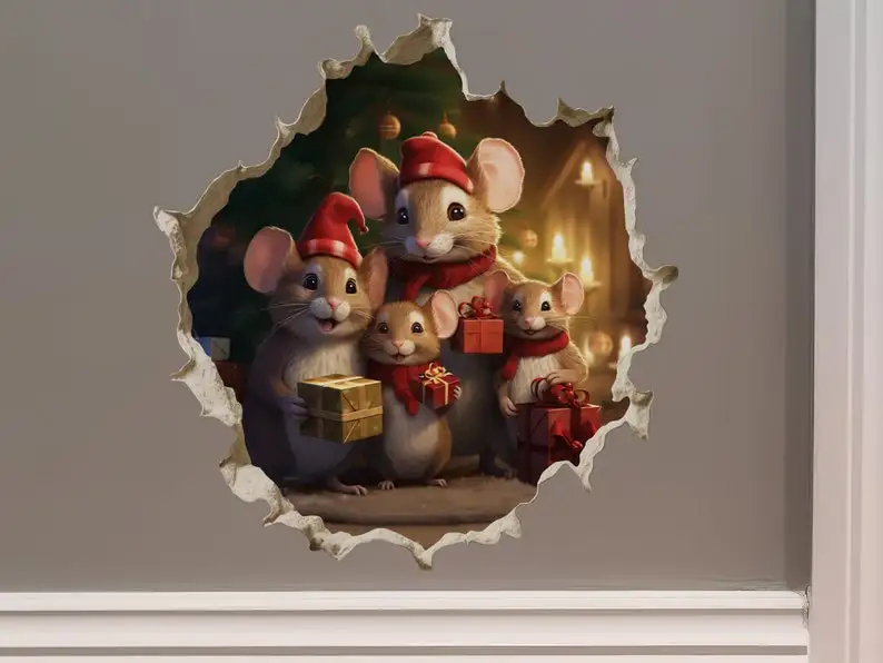 

Christmas Family Mice in Mouse Hole Decal - Mouse Hole 3D Wall Sticker