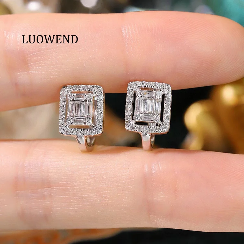 LUOWEND 100% 18K White Gold Earrings Women 0.60carat Real Natural Diamond Hoop Earrings Fashion Design High Wedding Jewelry