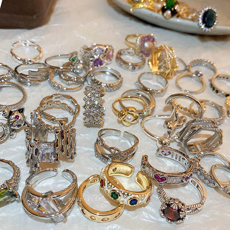 HUAMI Cool Style Light Luxury Irregular Pearl Zircon Love Open Rings Fashionable Super Flash Index Finger Ring High-end Jewelry