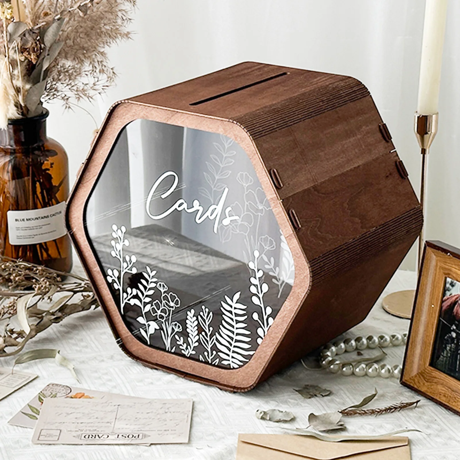 Boîte à cartes de mariage pour fête, boîte à cartes cadeaux hexagonale marron, boîte à enveloppes pour argent avec imprimé floral, boîtes à cartes de mariage en bois