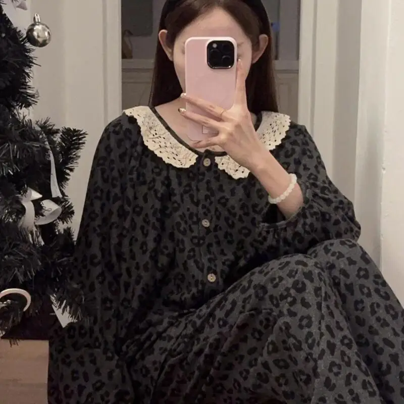 

New Leopard Print Lace Pajama Bow Tie Pajamas Autumn and Winter Long Sleeved Trousers Simple Style Student Dormitory Home Clothe