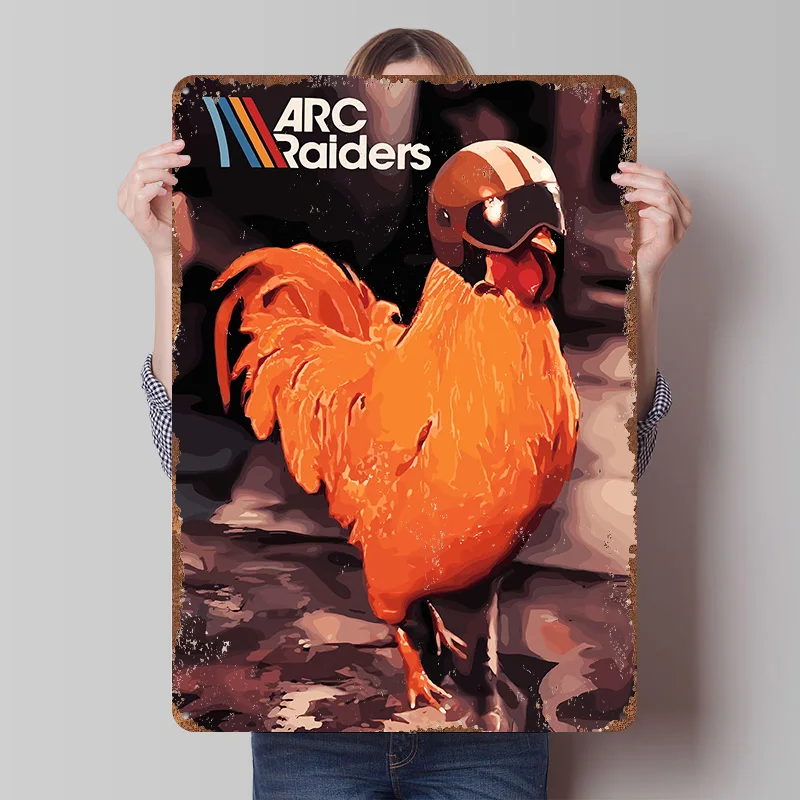 

Плакат Arc Raiders Chicken Helmet: Винтажная металлическая вывеска, настенное искусство, ретро-табличка для декора игровой комнаты, эстетичный дизайн