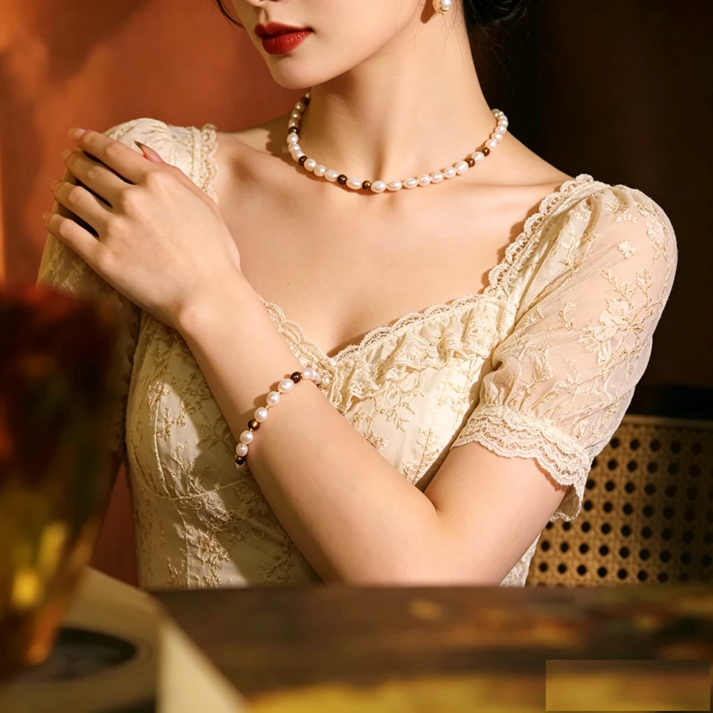 Luxury Clasp Tiger Eye Pearl Necklace Bracelet Set Original Design Ladies Elegant Holiday Dating Party Fashion Jewelry Gift New