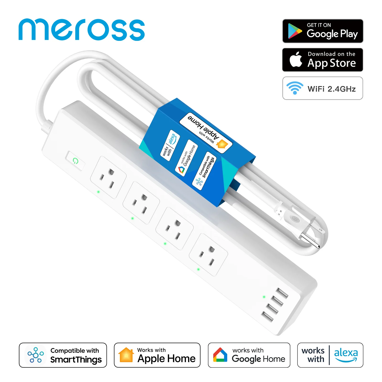 Meross Smart Power Strip WiFi Surge Protector US/UK Socket Extension with 4 AC Outlets 4 USB Ports Support HomeKit Alexa Google