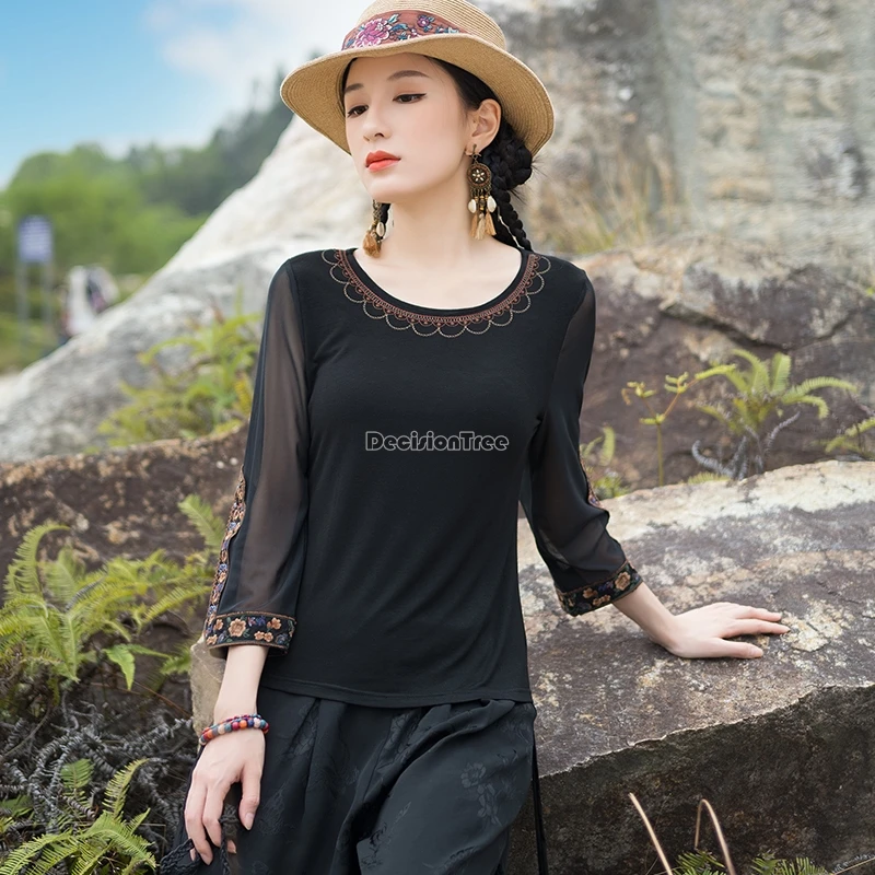 2024 chinese ethnic style embroidery round neck modal cotton mesh sleeve round collar base women simple casual blouse top t001