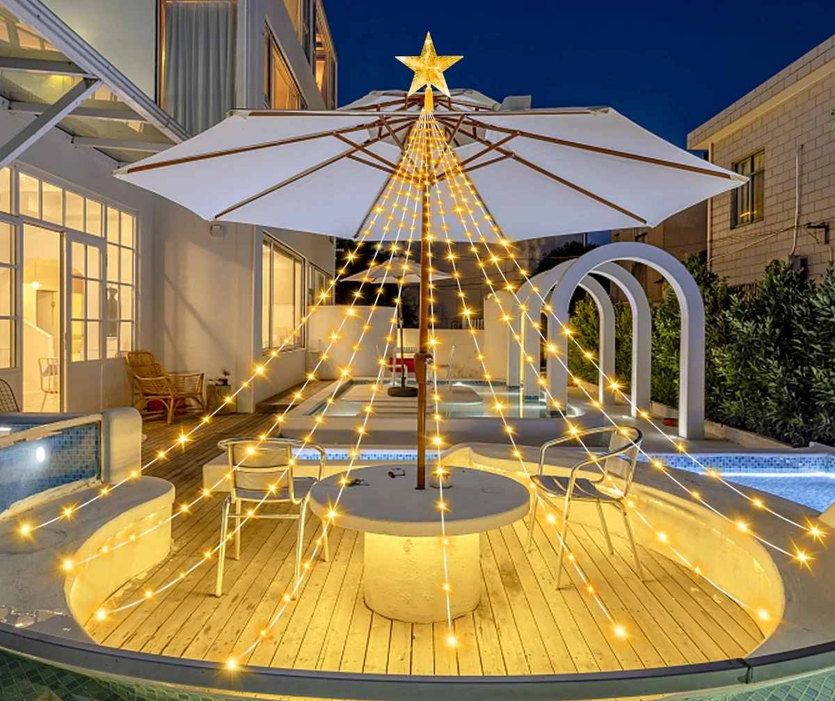 Solar Five-Pointed Star Waterfall Light Waterproof Fairy Lights Christmas Tree Decor for Garden Party Decorations Garden Lights