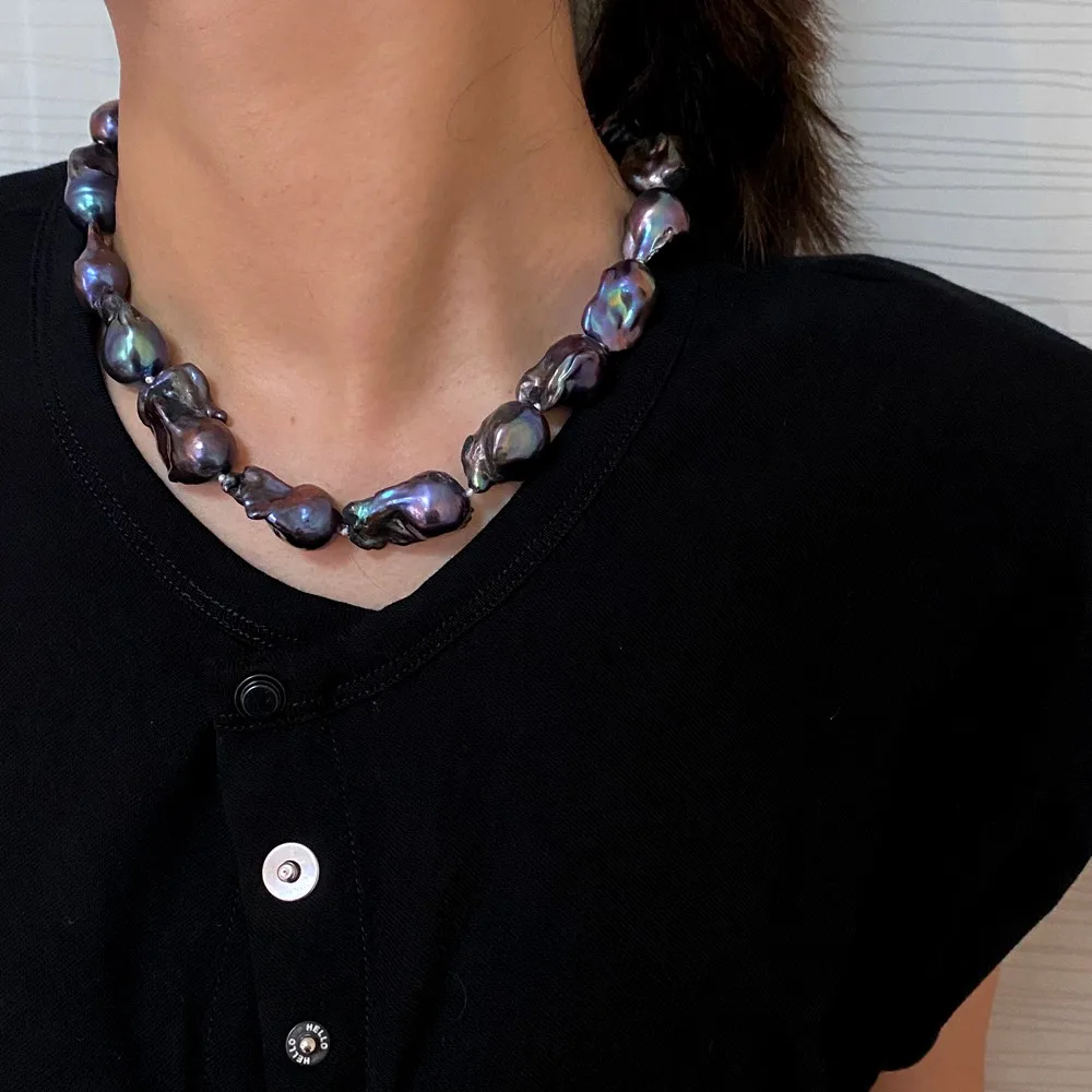 Large Baroque Pearl Irregular Statement Necklace Flameball Black Peacock Blue Natural Pearls Jewelry Elegant