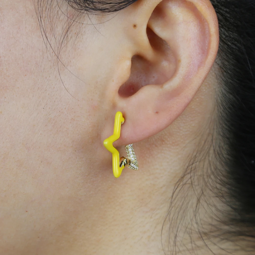 Yellow Black White Enamel Star Charm Dangle Hoop Earrings Iced Out Gold Plated Pave Zircon Hip Hop Women Daily Gift Jewelry