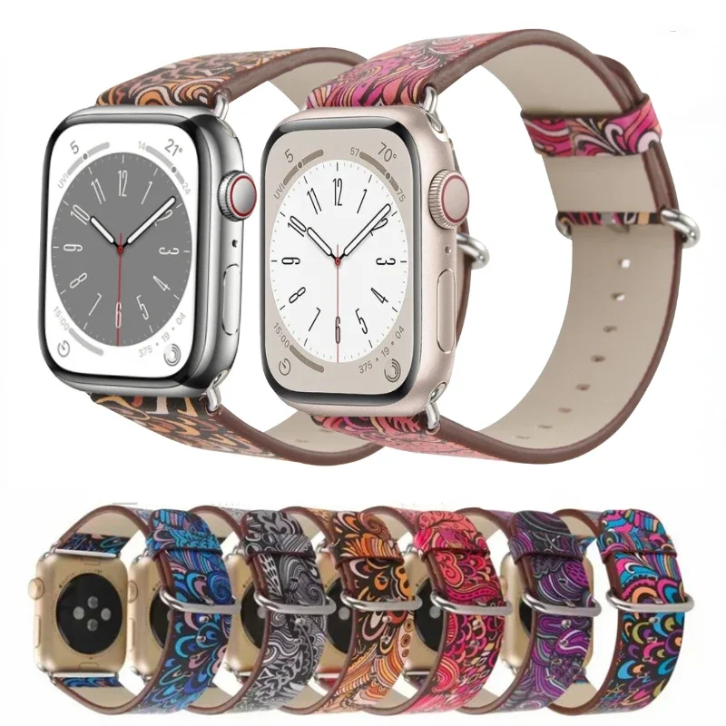 

Ремешок из натуральной кожи для Apple Watch 45 мм, 44 мм, 40 мм, 41 мм, 38 мм, браслет с цветочным принтом iWatch 10, 46 мм, 42 мм, 9 8 7 6 5 4 SE