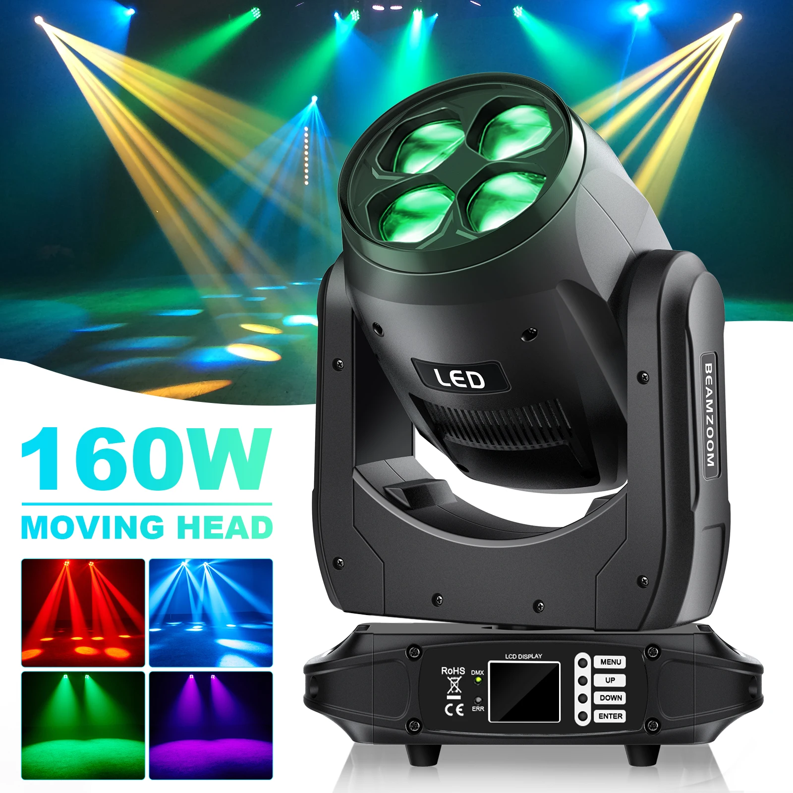 U'King-Projecteur de Lumière LED à Tête Mobile, avec Œil à Équation, Effet Zoom RGBW, Projecteur de Scène Rotatif pour DJ et ixde Chang, 160W, 4x40W