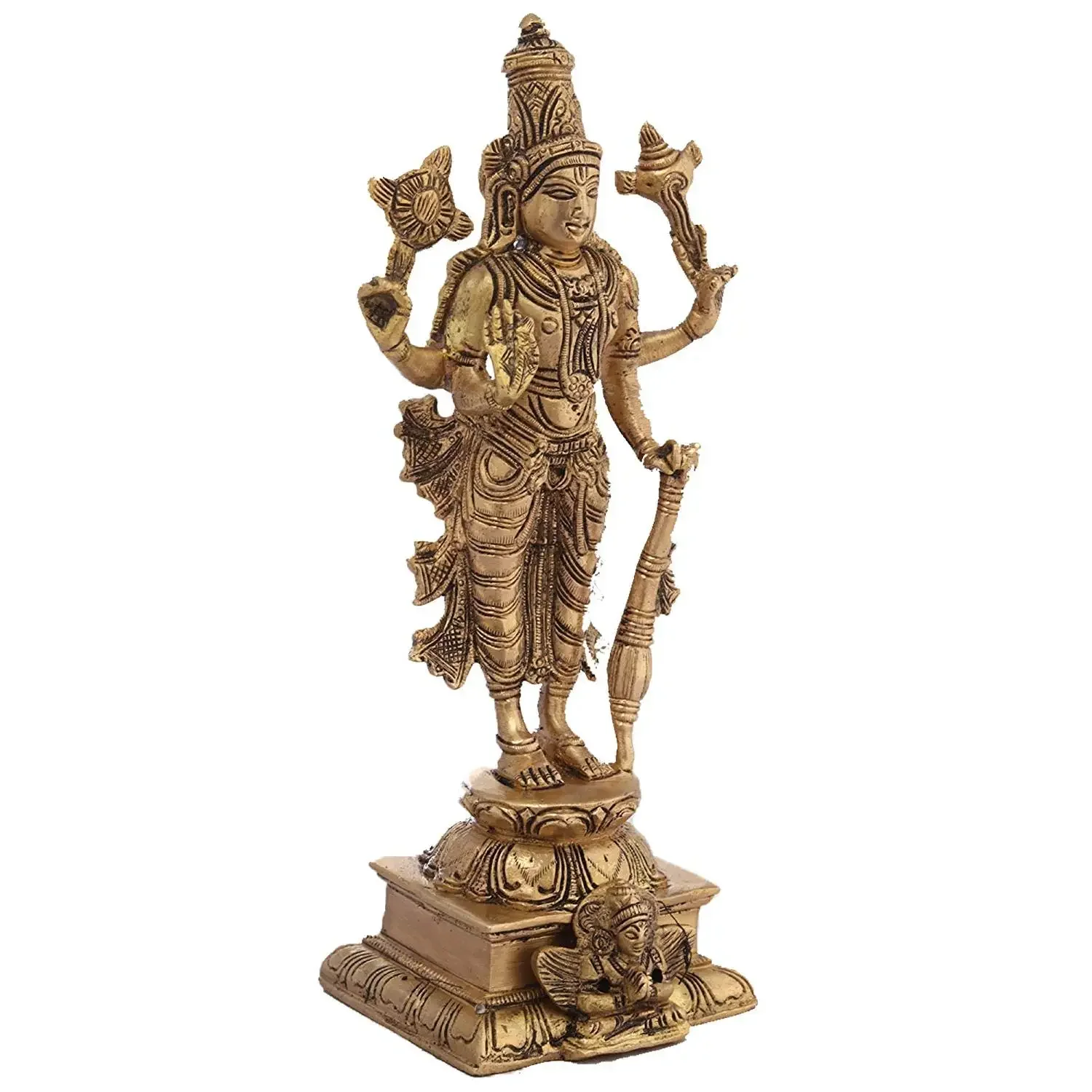 Handcrafted 9-inch Four-Arm Vishnu Brass Sculpture Unique Indian Gift Artwork