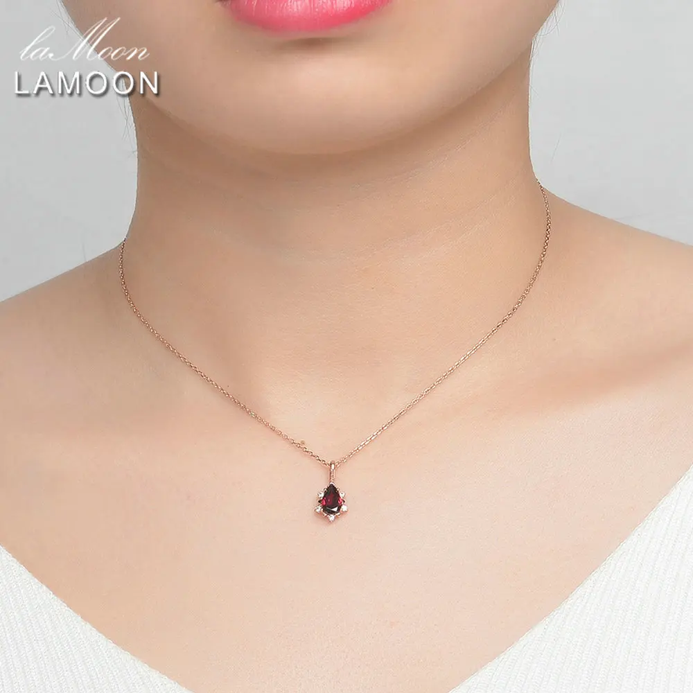 LAMOON 925 Sterling Silver Necklace Teardrop Garnet Pyrope Gemstone Pendant Necklace 18K Rose Gold Plated Fine Jewelry LMNI024