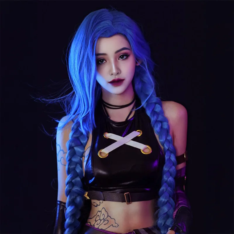Double City Battle Runaway Girl Jinx شعر مستعار كوسبلاي LOL League قطعة واحدة 120 سم