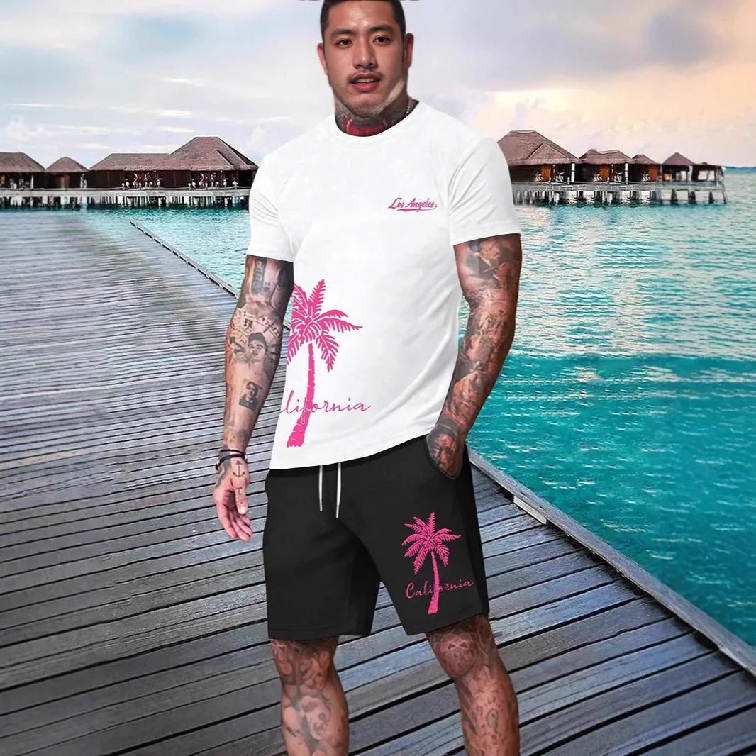 

European Size Cross border Bestselling Mens Summer 3D Digital Print Short sleeve Shorts Set Loose Comfortable T shirt Outfit