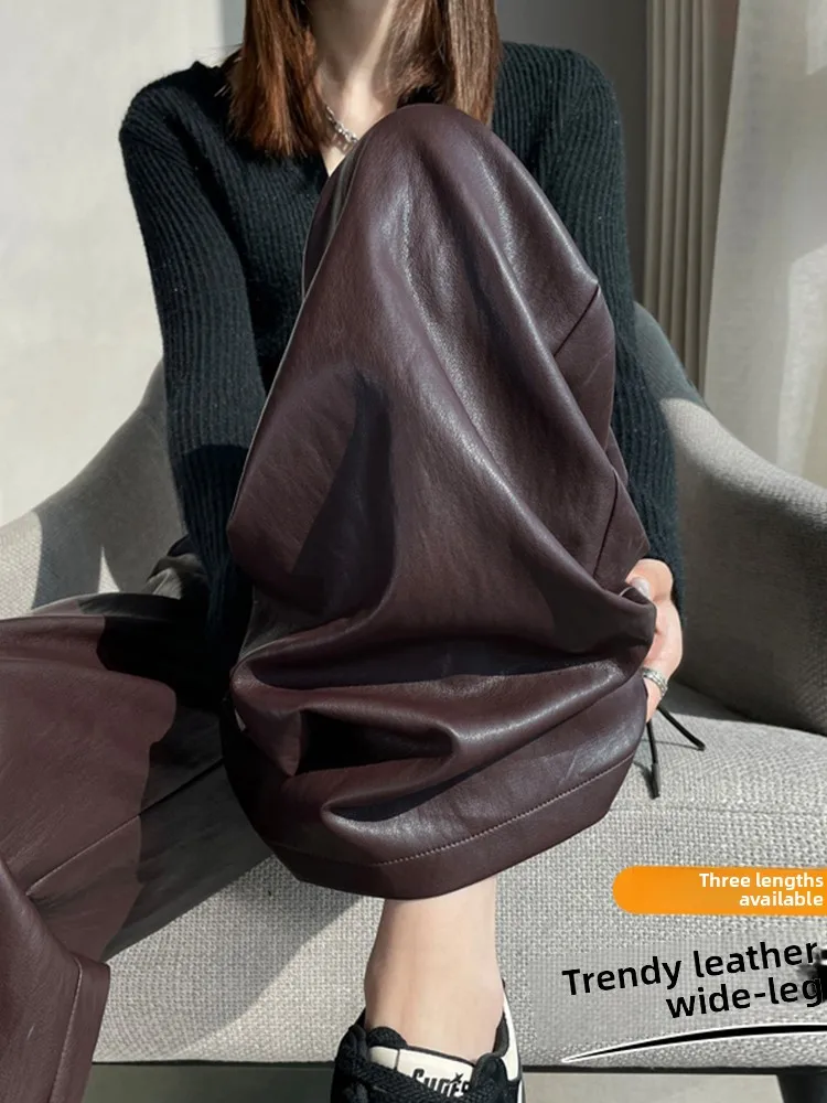 Pantaloni a gamba larga in pelle PU a vita alta Pantaloni invernali in vita elastica da donna drappeggiati dimagranti pantaloni in pelle casual foderati con gamba dritta