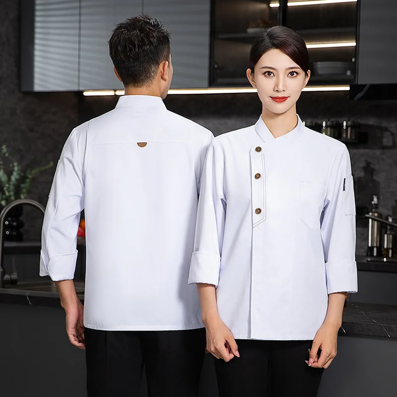 เสื้อเชฟฤดูหนาว เสื้อยืดเชฟแขนยาว ชุดยูนิฟอร์มเชฟ เสื้อโค้ทเชฟชาย ชุดยูนิฟอร์มร้านอาหาร เสื้อพนักงานเสิร์ฟโรงแรม รับสกรีนโลโก้