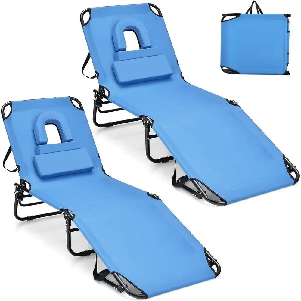 330-Pound Capacity Beach Lounge Chair with Hole, Washable Pillow, Carry Strap, Adjustable Chaise for Outdoor Patio and Poolside