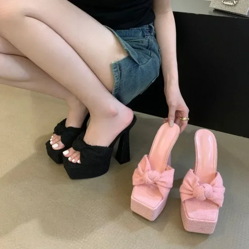 

2025 Summer Women's Fashion Slippers Square Toe High Heels Butterfly-knot Shoes Dress Sexy Sweet Square Heel Zapatillas De Mujer