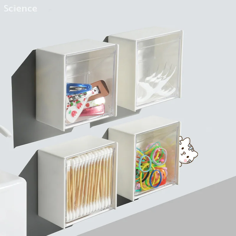 

Plastic Wall Mounted Storage Boxes Dustproof Bathroom Organizer for Cotton Swabs Makeup Adhesive Small Jewelry Holder Box