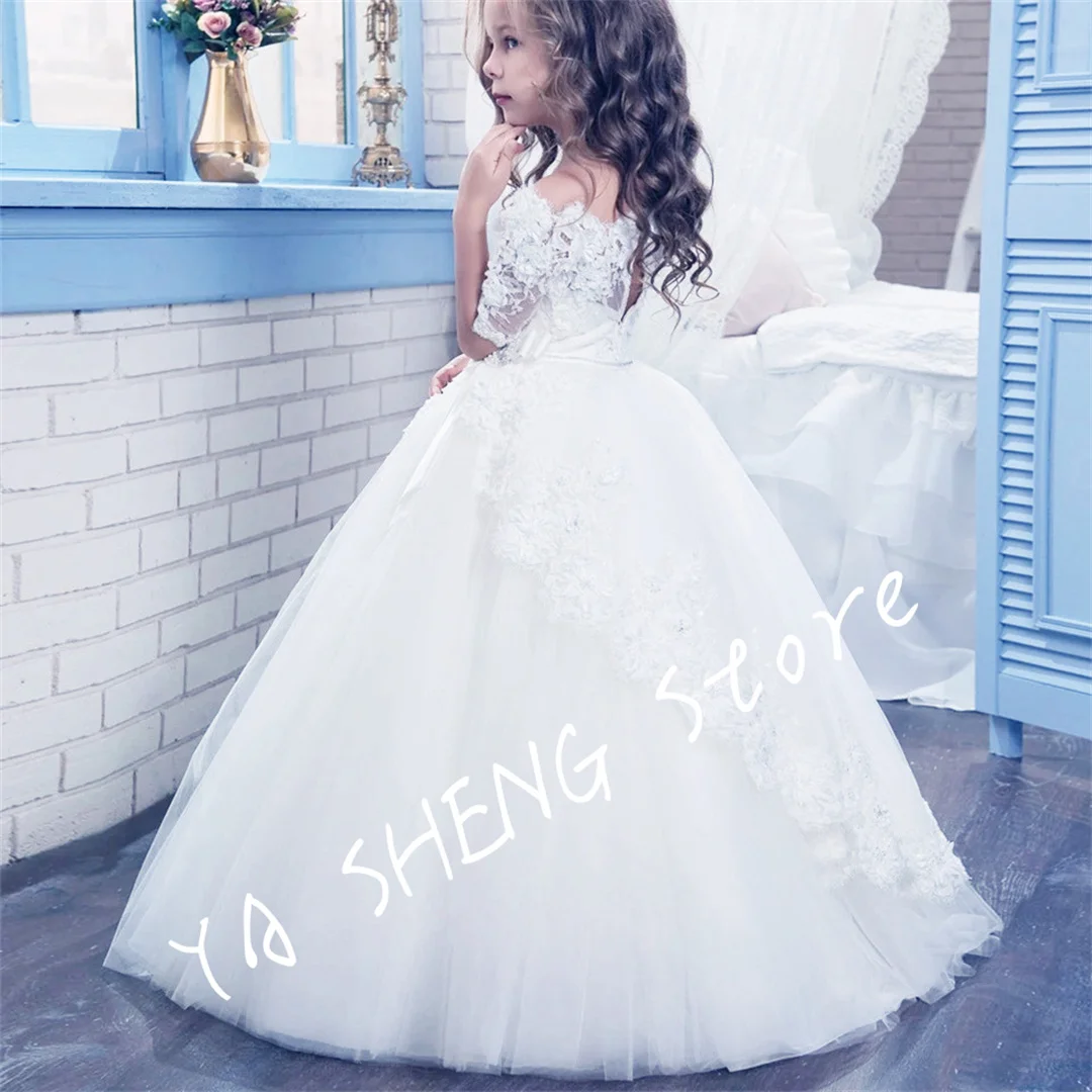 Boat Neck Ball Gown Half Sleeve Flower Girl Dresses  Princess Dress With Bow Weddings First Communion Dress Pageant Gowns