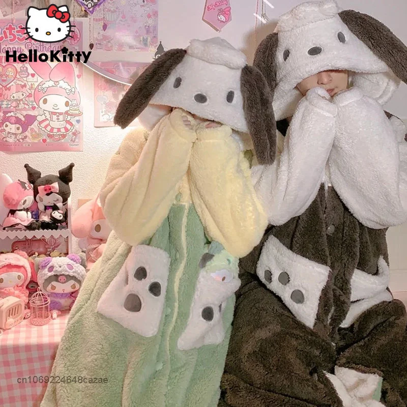 Sanrio Pochacco Winter Flannel Warm Pajamas Couple 3D Printed Nightgown Cute Student Long Coral Velvet Home Garment For Women