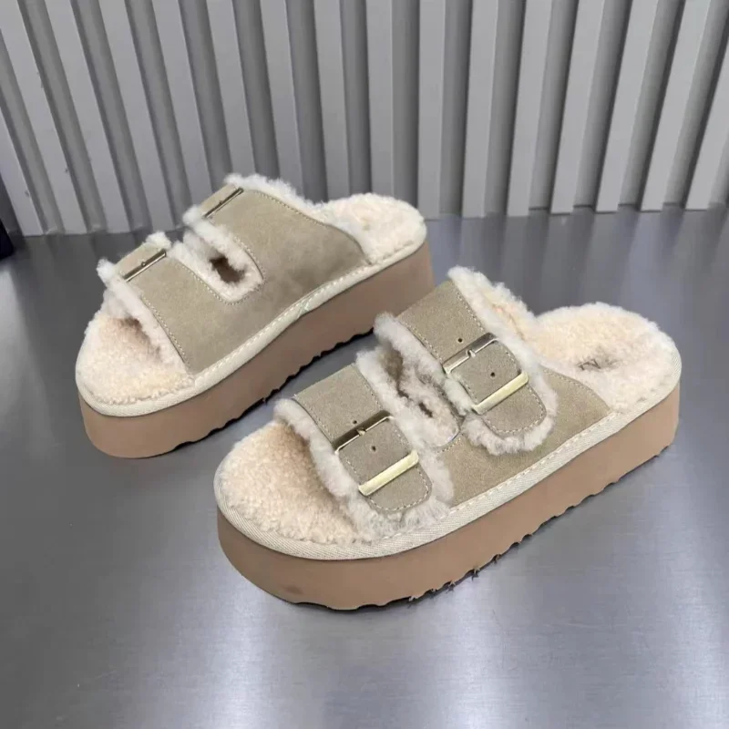 High Appearance Level Thick Bottom Open Toe Needle Buckle Plush Warm Fashion All Comfortable Non-slip Wear Furry Lady Slippers