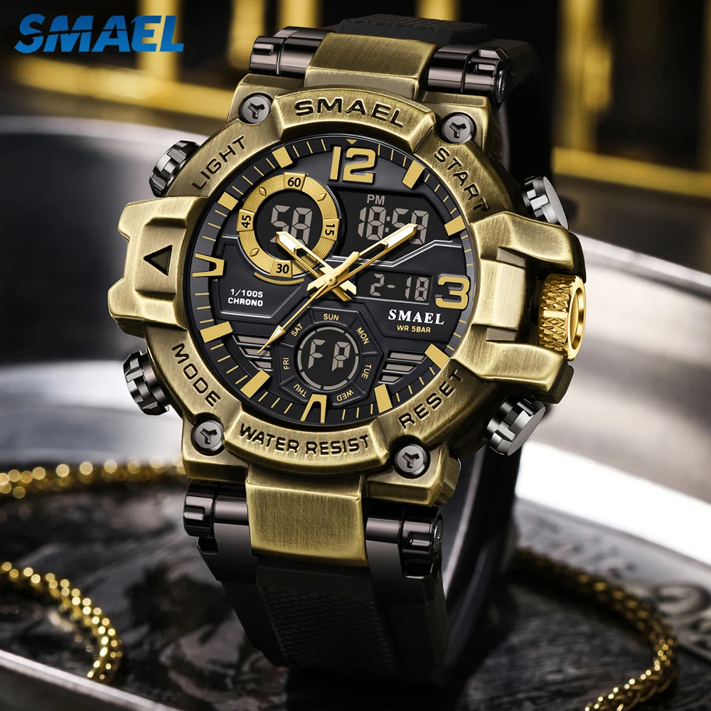 Smael Top Brand Watch Men Fashion Bronze Zinc Alloy Case Double Display Wristwatch Man Military Sport Style Led Quartz Male Gift