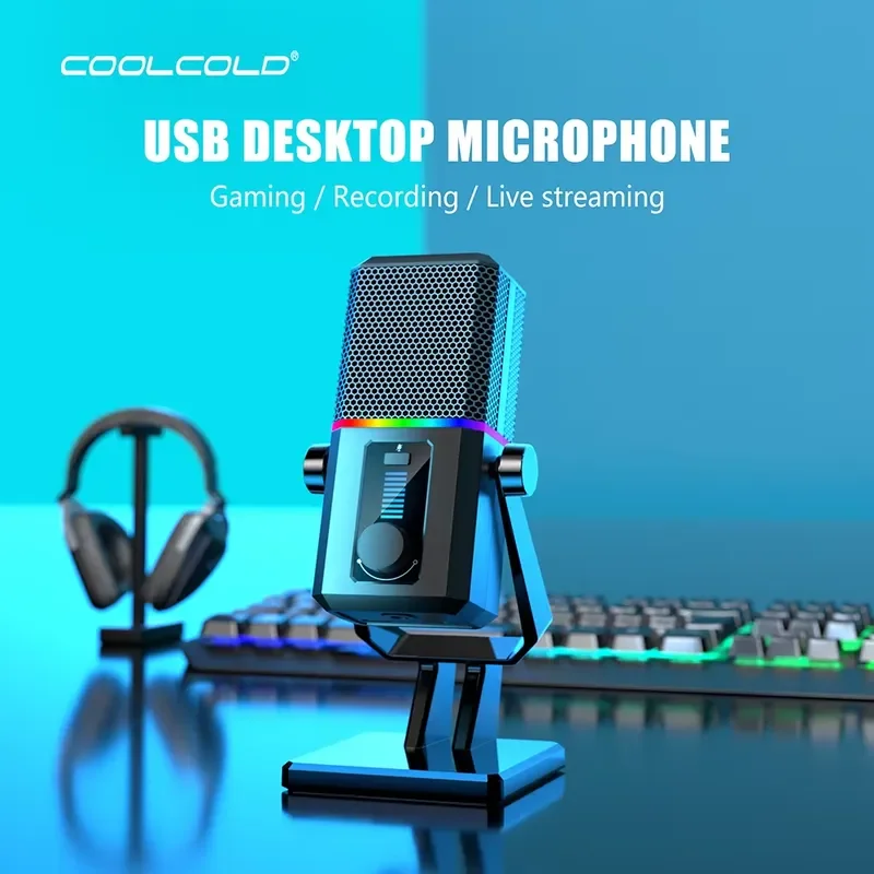 COOLCOLD Condenser RGB USB Microphone HK2 for Computer, Gaming, Streaming, Recording & Podcasts - AI Noise Cancellation +