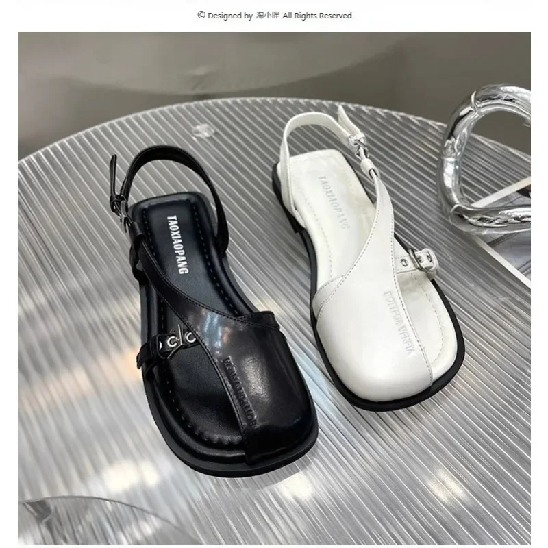 Summer New Baotou Hollow Soft Leather Flat One Word Buckle Casual Fashion Women Sandals Sandals  Platform Sandals