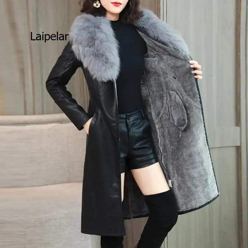 Women Winter Jacket 2022 Leather Cotton Padded Parkas Long Thicked Warm Add Velvet PU leather Jacket Female Winter Coat