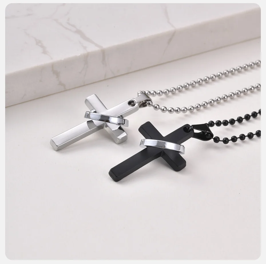 Vnox Geometrische Kreuz-Kreis-Anhänger-Halsketten für Männer, Edelstahl in Schwarz und Silber, Mehrschichtige Halskette als Gothic-Glaubensgeschenk – Detail 6