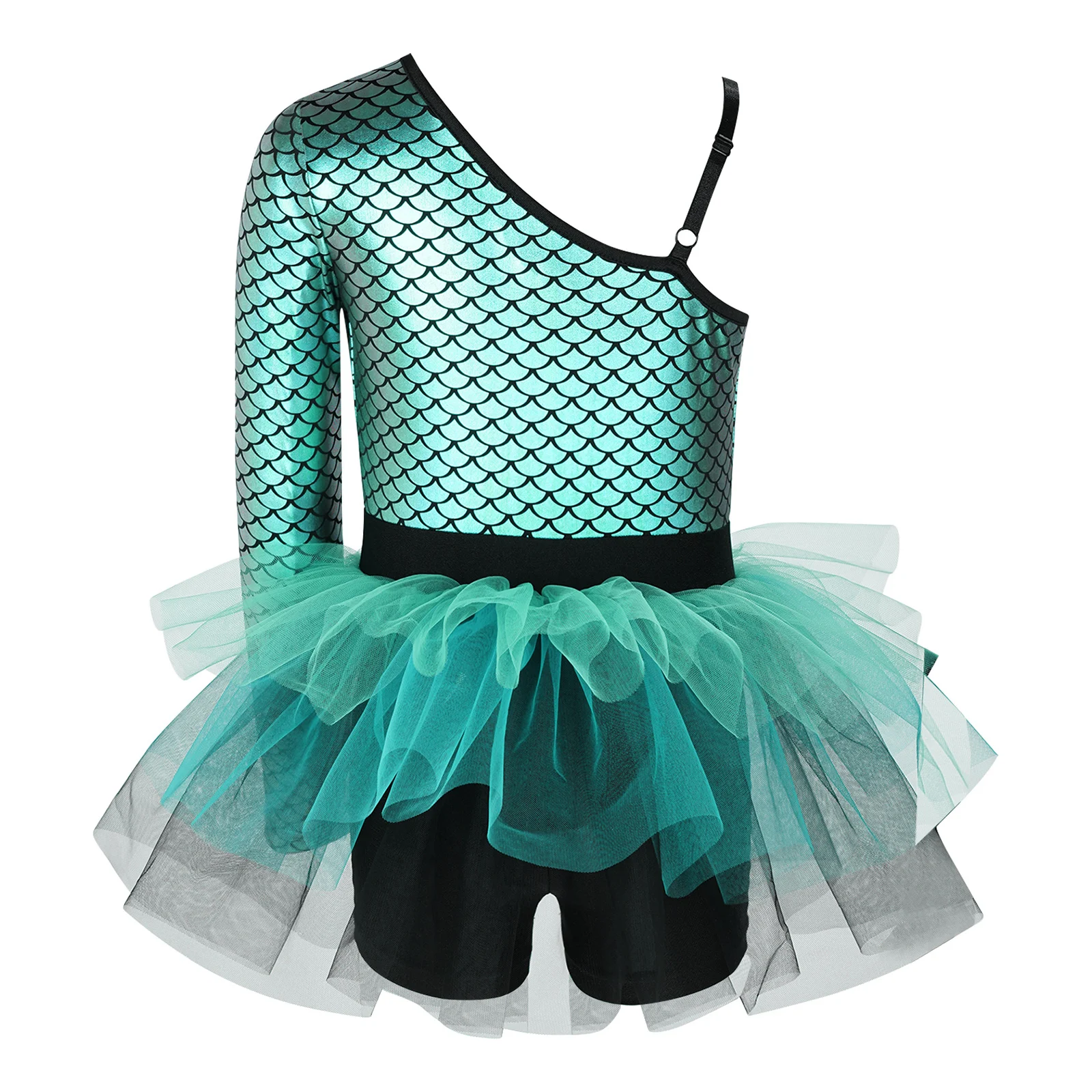Princess Girls Ballerina Mermaid Jumpsuit One Shoulder Metallic Fish Scale Tulle Skirted Leotard Gymnastic Ballet Dance Bodysuit