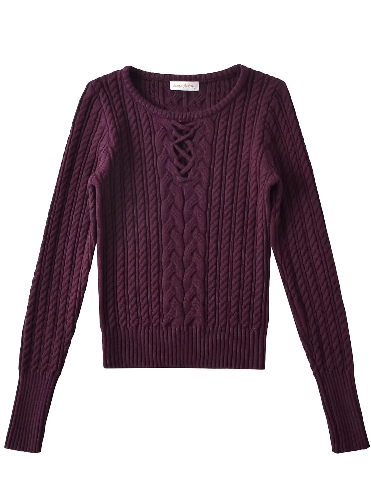 Amerykańska dzianina typu sle twist, ażurowa, okrągły dekolt, damski wyszczuplający top, krzyżowy wzór, długi rękaw, modny sweter dla dziewczyn.