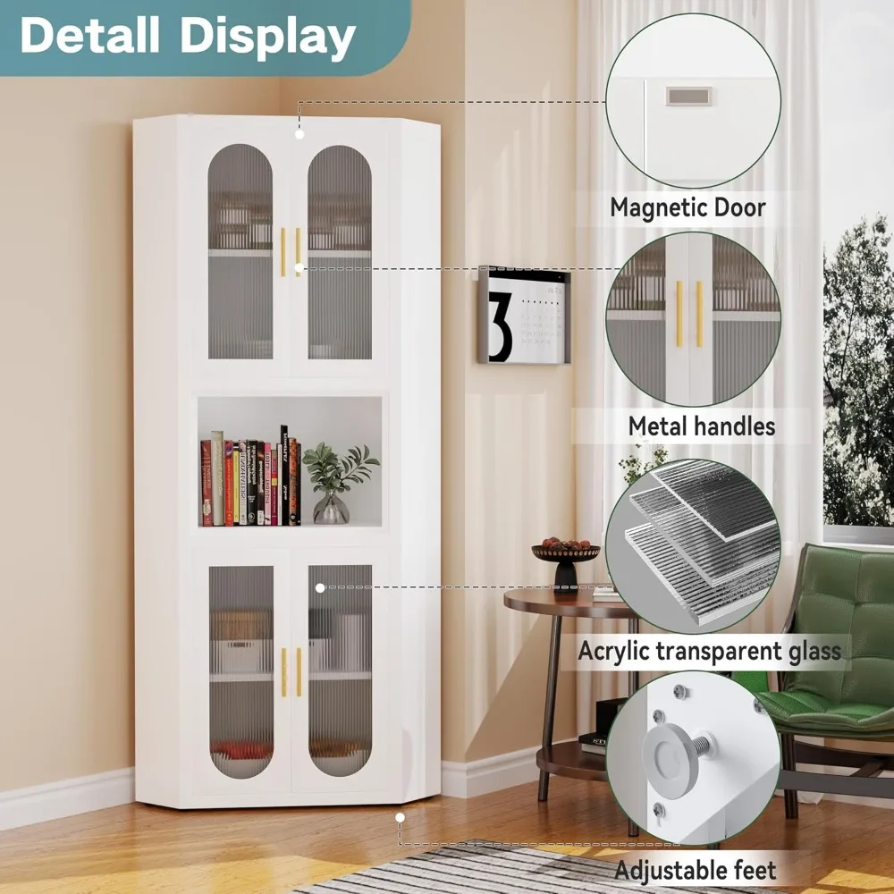 خزانة زاوية معدنية، خزانة تخزين زاوية طويلة مع 4 أبواب زجاجية أكريليك وأرفف قابلة للتعديل، خزانة مطبخ لـ