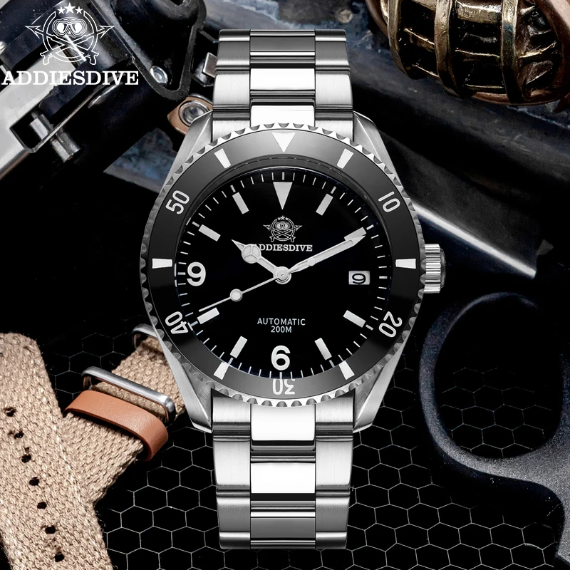 ADDIESDIVE Watch For Men 200M Waterproof Sapphire Crystal Glass Luminous Watches Black Dial NH35 Automatic Movement Wristwatches