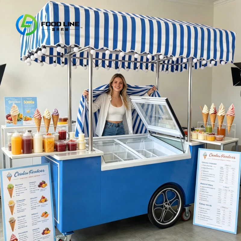 Customized Wheeled Mobile Refrigerated Ice Cream Cart with Sink, Strip Canopy Design for Ice Cream Popsicle Retail
