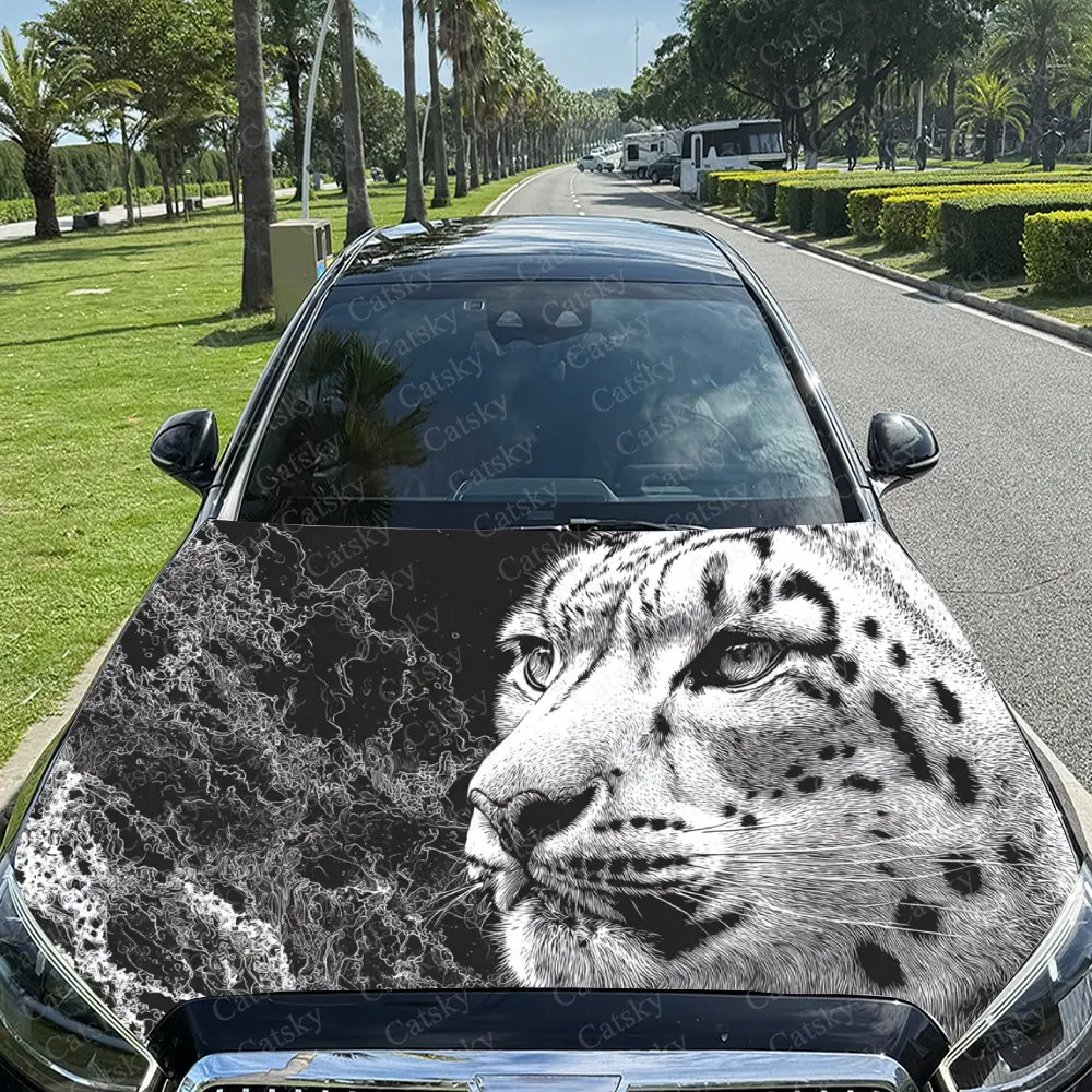 

Car Decal Snow Leopard with Gray Textural Artistic Fusion Design, Creating a Mysterious and Dominant Visual Car Hood Sticker, Wa