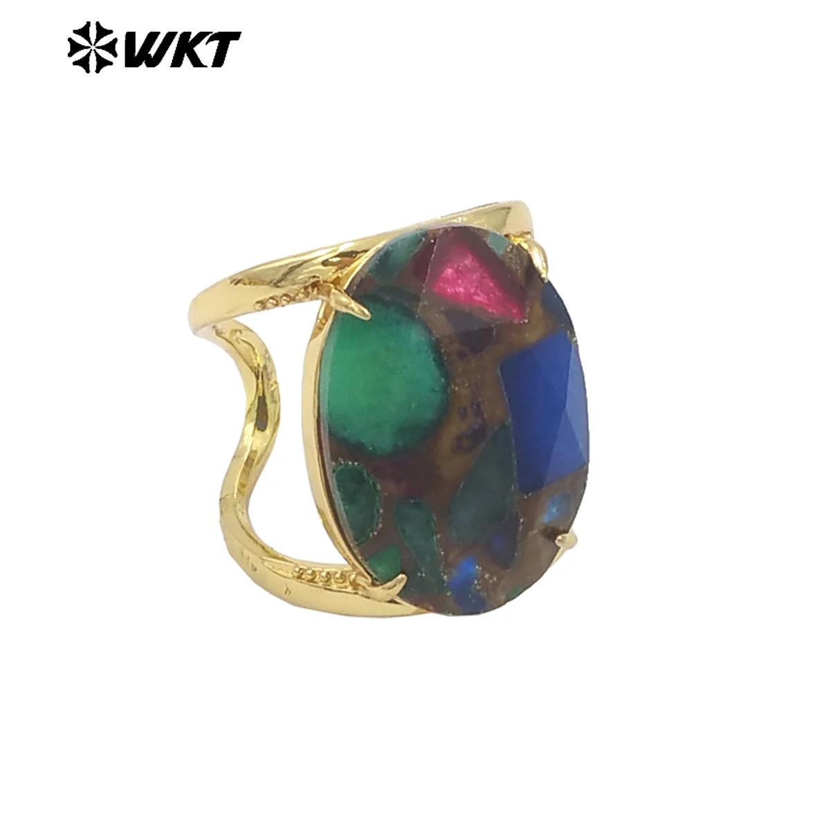 

WT-R524 New Wholesale Natural Copper Turquoise Round Stone Opeaning Ring With 18k Gold Paved Fine Jewelry Accessories