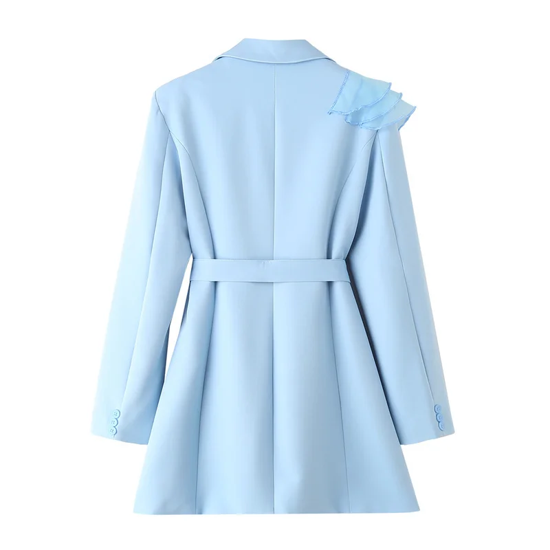 Korean Pleated Mesh Patchwork Light Blue Blazers Coat With Belt Women Spring Autumn Slim Notched Collar Long Sleeve Suit Jacket