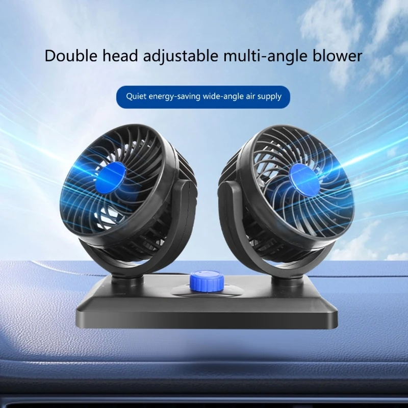 Car Fan Double Head Cooling Portable Vehicle Mounted 360Degree Rotation Auto Desk Fan Campervan With 2 Speed Strong Wind